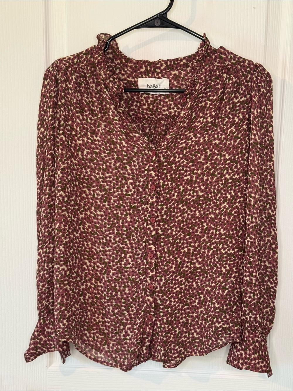 ba&sh Burgundy and Olive Floral-Print Button Blouse